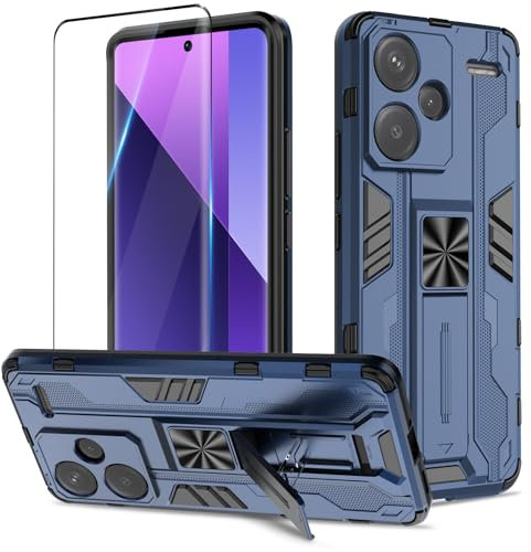Btstring Funda para Xiaomi Redmi Note 13 Pro Plus con Cristal Templado Protector Pantalla, Carcasa Protectora Antigolpes con Soporte Reforzado- Azul