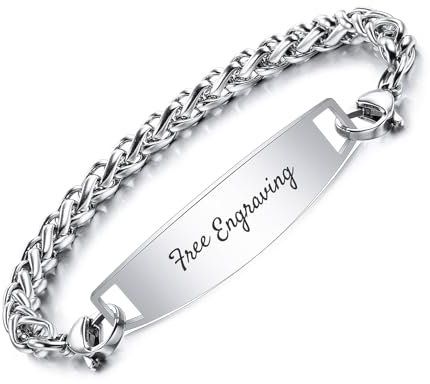 OTXIXTO Individuelle ID-Armbänder für Männer/Frauen Edelstahl-Gliederarmband mit Gravur Name/Datum/Text Personalisierte Gravierte Silber Namensschild-Armbänder mit 17.5cm Silber Weizenkette