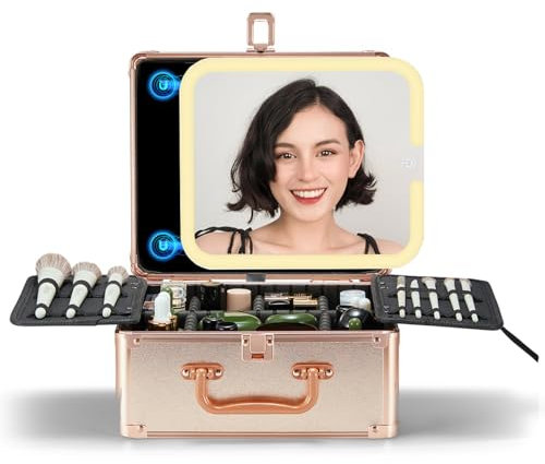 OMIRO Make Up Box mit Beleuchtetem Spiegel, Kosmetikkoffer mit Abnehmbarem Magnetspiegel (Roségold)