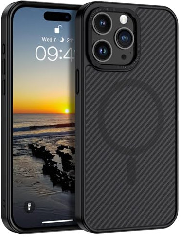 DOMAVER Case for iPhone 15 Pro Max,Magnetic [Compatible with Mag Safe] Carbon Fiber Metal Lens Frame+Buttons Support Wireless Charging Men Women Slim Shockproof Protective Phone Cover 6.7 Inch,Black