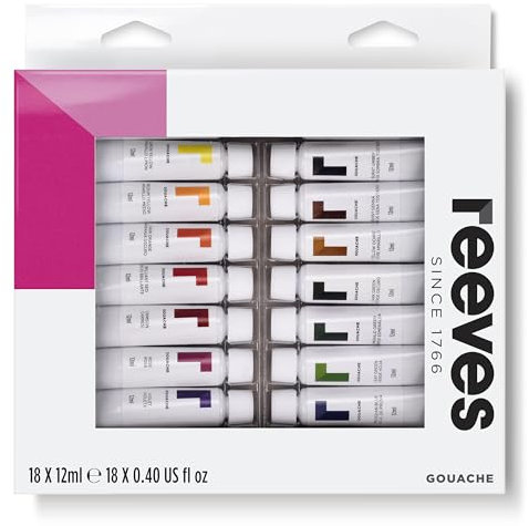 Reeves Gouache Paint Set – 18 vibrant colours with matt finish – Suitable for beginners, leisure and recreational users