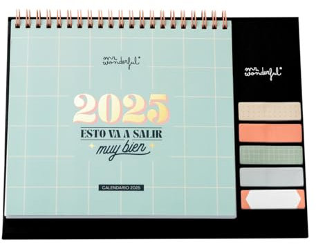 Mr. Wonderful - Calendario de Sobremesa 2025 - Esto va a salir muy bien - Incluye 6 Hojas de Pegatinas y 1 Bloc de Notas Adhesivas