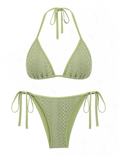 seamoly Triangel-Bikini-Set mit seitlichem Blumenmuster, gesmokt, gerafft, Hellgrün-06, Large