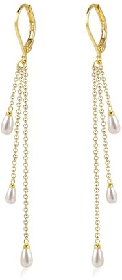 ASH'S CHOICE 925 Sterling Silver Gold Pearl Dangling Earrings for Women, 14K Gold Plated Small Cartilage Huggies Hoop Earring with Long Drop White Pearl Tassel