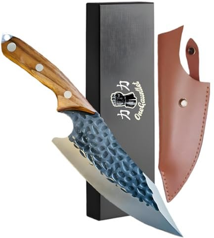 OneGauntlet - Japanese Kitchen Knife Design with Sheath. Chef Knife for Precision Indoor & Outdoor Cooking, Boning Knife, Survival, Camping Knife. Cutting Meat and Vegetables.