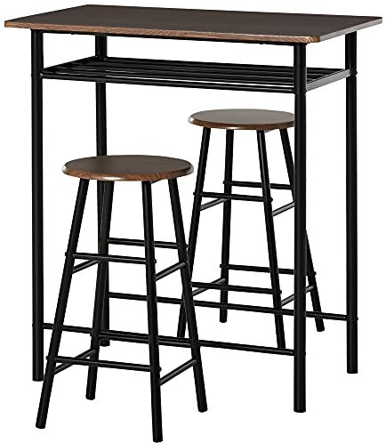 HOMCOM Bartisch Set Bartisch mit 2 Barhockern Essgruppe Küchentisch mit Lagerregal Esstisch für Esszimmer, Küche, Schwarz