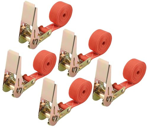 5 Piezas Cinchas de Amarre, Eslingas de Amarre Carga 900kg, Naranja Cinchas 2m x 25mm, Cinchas de Amarre Carraca para Motocicletas, Carga para, Camiones, Remolques, Según DIN EN 12195-2