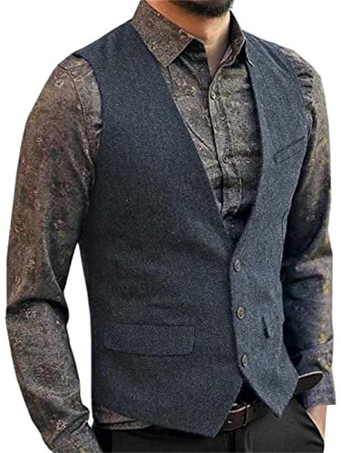 pvucpot Gilet da uomo, tessuto tweed, con motivo a spina di pesce, scollo a V, per matrimoni e groomsmen
