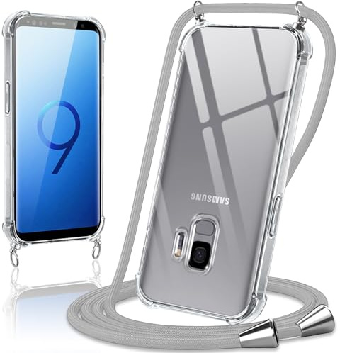 Coiwxmoi Coque avec Cordon pour Samsung Galaxy S9 5.8,Collier Réglable Téléphone Étui Portable Lanyard Case Transparent Ultra Souple Silicone TPU Housse Antichoc Protection Cover pour Samsung S9,Gris