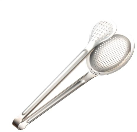 Skimmer Slotted Spoon, Large Slotted Spoon Strainer, Stainless Steel Skimmer Spoons, Metal Tong Skimmer Ladle, Fry Oil Mesh Strainer, Comfortable Grip Strainer Ladle for Kitchen Use