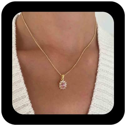 Enautoabs Collana con pietre preziose Boho Collana con pietre preziose Collana con ciondolo con tormalina rosa Collana con Halo rosa oro Collana ovale vintage in cristallo con zirconi cubici