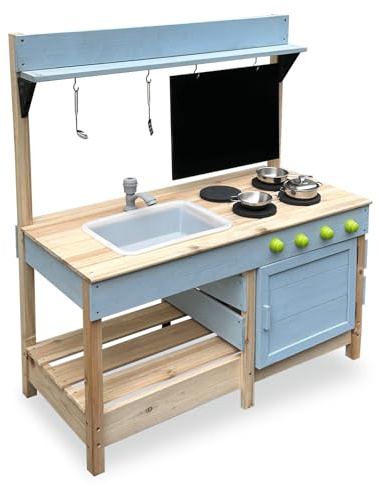 Mud Kitchen Playset for, Outdoor Wooden Toy Play Kitchen Set for Boys and Girls, Kitchen Accessories and Garden Sink, Outdoor Toy for Kids (Blue2)