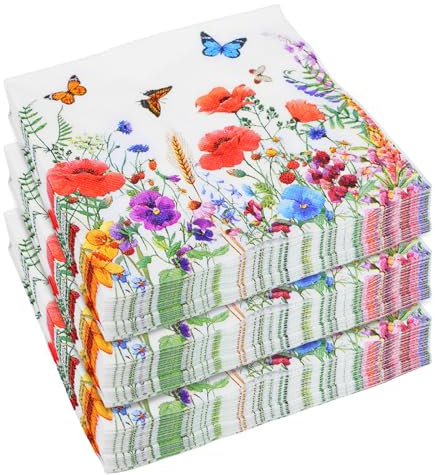 SPORWAY 120 Stück Serviette Papierserviette, Servietten Blumen, Servietten Frühling Schmetterlinge, Servietten Blumenwiese, Blumenkranz Servietten Tischdekoration für Party Dekoration - 33 x 33cm