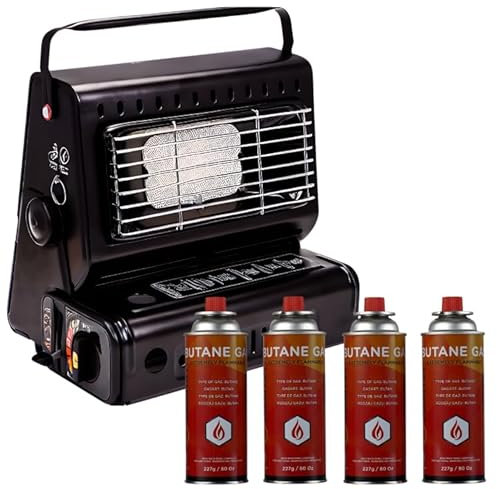 Trendi Portable Gas Heater for Camping, Hiking, Fishing, Caravan & Ski Trips – Auto Ignition, Safety Grill, Temperature Control & Carry Handle (Includes Heater + 4 Gas Canisters)