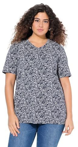 Ulla Popken Damen große Größen Übergrößen Plus Size T-Shirt, Fische, Zierfalten, V-Ausschnitt, Halbarm Tintenblau 54+ 839576740-54+