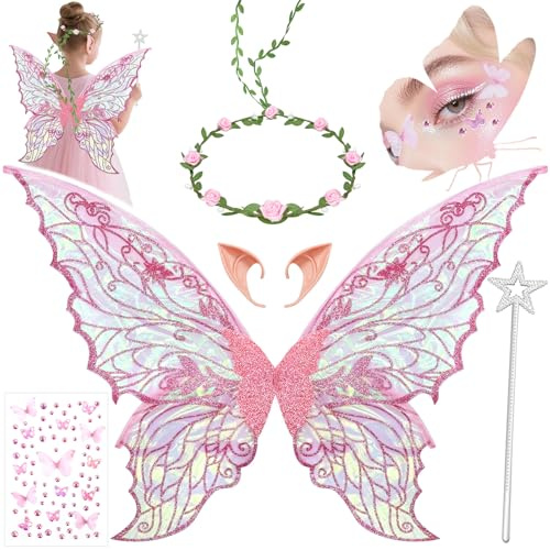 YeahBoom Feenflügel Kostüm,Schmetterlingsflügel mit Elfenöhren,Fee Stirnband und Sterne Feenstäbe,Schmetterlingsflügel,Prinzessinnenflügel,Flügel Kostüm für Fasching oder Feen-Mottopartys