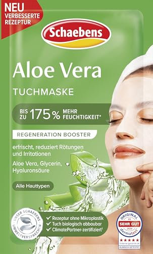 Schaebens Maschera in panno di aloe vera: rinfresca, riduce il rossore e l'irritazione con aloe vera, glicerina e acido ialuronico per tutti i tipi di pelle.