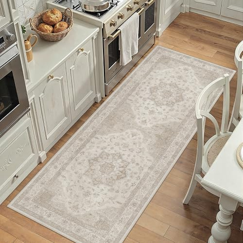 PureCozy Beigefarbener Läuferteppich, waschbar, Vintage, langer Teppich für Flur, Küche, weicher Retro, niedriger Flor, dünner Innenläufer, rutschfest, orientalisch, Medaillon, Überwurf, Teppich für