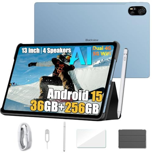 Blackview Mega 8 AI Android 15 Tablet 13 Pulgadas, Altavoces Quad-Box, 36GB+256GB/2TB Juegos Tablet, 2K FHD+, 4G LTE 5G WiFi, 11000mAh, 50MP AI, Modo PC, OTG, 3.5mm, Bolígrafo Inteligente+Funda,Azul