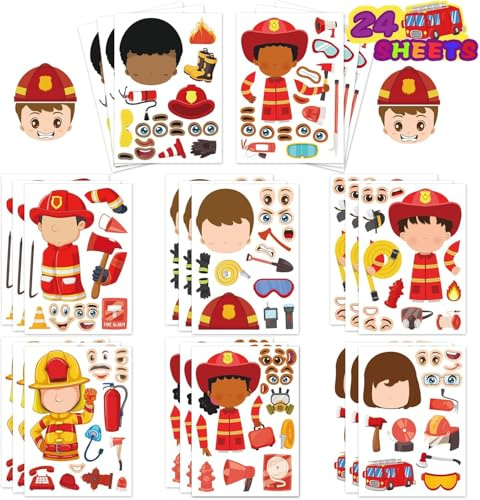 Make Your Own Face Stickers for Kids - 24 Sheets Reusable DIY Sticker Kit | Multi-Themes | Party Favors, Crafts Gifts (FirefighterStickers)