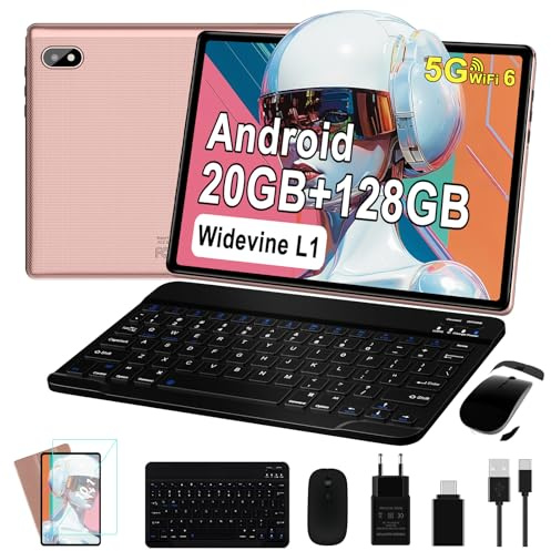 Tablet 10 Pulgadas Android con Octa-Core, 20GB RAM + 128GB ROM (2TB TF), Widevine L1, 5G+2.4G WiFi, Bluetooth 5.0, 5MP+8MP, FHD, 1280*800 FHD IPS, Facciale ID, Newest Tablet con Teclado y Raton, Rosa