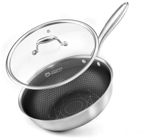 Cooker King 12-Inch Wok with Lid, Hybird Nonstick Wok Professional Grade, Stainless Steel Woks & Stir-Fry Pans, Stay-Cool Handle, Dishwasher & Oven-Safe,Compatible with All Cooktops