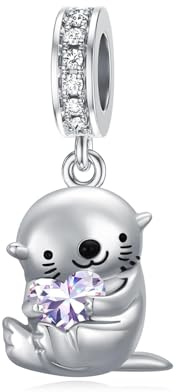 ROMANTICWORK Otter Charm mit Geburtsstein, 925er Sterlingsilber, 12 Monate, Otter Charm für Otter Armbänder, Otter Perlen Schmuck für Frauen, Otter-Liebhaber