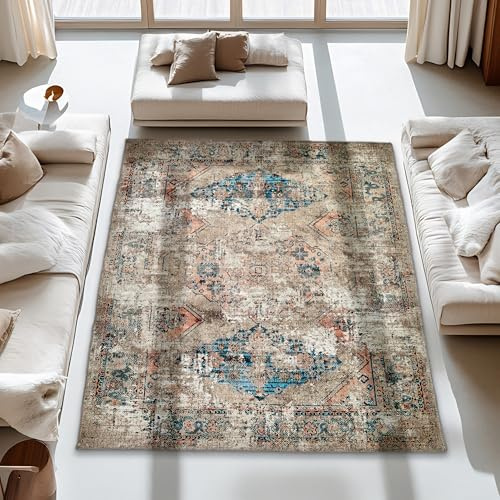Carpido Orientaler Teppich Wohnzimmer, Schlafzimmer - Weiches Flachgewebe für Innen - Flauschiger Kurzflorteppich - Moderner Teppich Vintage, 120 x 180 cm