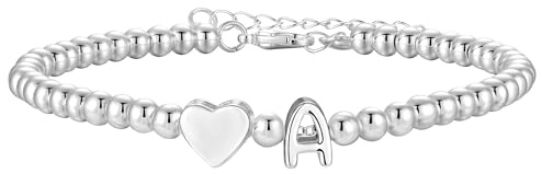 Aretas Initial Bracelet for Women Girls S925 Silver Letter A-Z Heart Pendant Bead Bracelet Christmas Birthday Gifts for Girls Daughter Sister Friends Jewellery