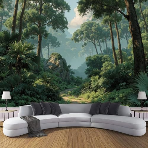 Fototapete 200x140cm Dichter Urwald Seide Wandtapete Farnwald Fototapeten XXL Moderne Wanddekoration UV-Beständig für Wohnzimmer Schlafzimmer, Grün