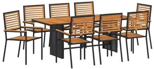 PTUGUOF Gartenmöbel Set 9 teilig, Essgruppe Poly Rattan braun, Garten Essgruppe 9 pcs mit Akazienholz Tisch und Stahlrahmen, modernes Design für Terrasse