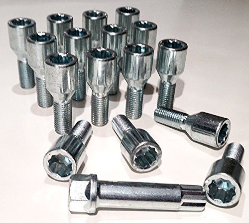 Alloy wheel bolts slim fit Tuner style, Zinc plated M14x1.5 (M14 x 1.5) Taper seat, 17mm hex Star Key, 28mm thread length. Set of 16 wheel bolts