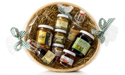 Allgäuer Delikatessen Geschenkkorb | Feinkost Geschenkset mit Dunkelbier-, Bergkräuter-, Feigen- und Bärlauchsenf, Wald Honig, Chili Aufstrich, Enzian- und Kräuterschnaps