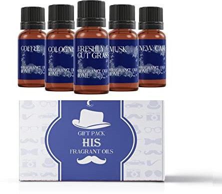 Mystic Moments | HIS Fragrance Oil Gift Starter Pack 5x10ml | Coffee, Cologne, Freshly Cut Grass, Musk, New Car | Perfect as a Gift