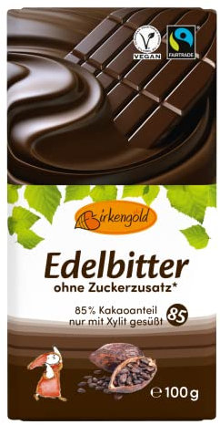 Birkengold Edelbitter Schokolade 100g | Schokolade ohne Zuckerzusatz | 85% Kakaoanteil | nur mit europäischem Xylit gesüßt | Fairtrade | vegan | vegane Schokolade ohne Zucker