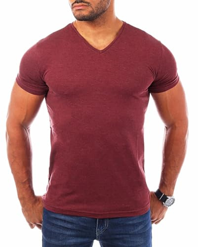 Young & Rich Herren Uni T-Shirt mit V-Ausschnitt Basic V-Neck Tee mit Stretchanteilen einfarbig Slim fit 1700, Grösse:L, Farbe:Bordeauxrot-Melange