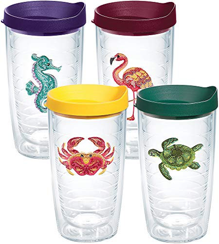 Tervis 1308639 Lot de 4 gobelets isothermes en forme d'animaux tropicaux avec emblème et couvercles assortis, Tritan, transparent