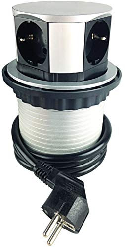 ChiliTec Versenkbare Einbausteckdose mit 4 Steckdosen 230V 150cm Kabel Mehrfachsteckdose mit Stecker Silber Schwarz