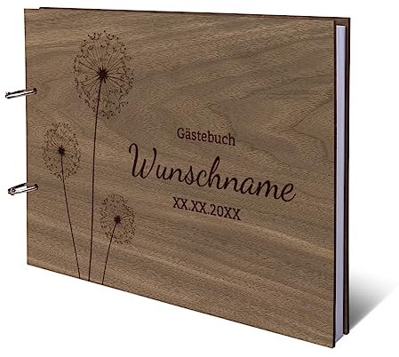 Taufe Konfirmation Kommunion Gästebuch Okoume Holzcover mit individueller Gravur inkl. 72 Naturpapier Blätter DIN A4 quer 302 x 215 mm - Pusteblume