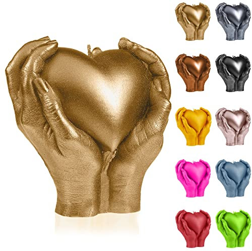 Candellana Kerze Herz Hand | Höhe: 16 cm | Klassisches Gold | Brennzeit 35h | Kerzengröße gleicht 1:1 einer realen Hand | Handgemacht in der EU, 160x160x75 mm