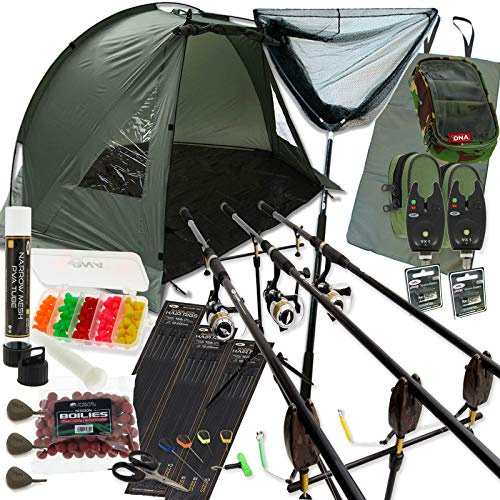 Complete Carp Fishing Set up with Shelter Bivvy Rods Reels Alarms Net & Tackle