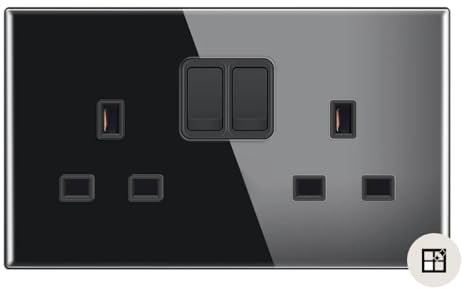 Sardini Home Full Glass Nero Black Tempered Glass UK 3-pin 13A Double Switched 2 Gang Plug Wall Socket with Scratch Resistance (Updated Model)