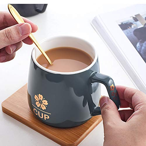 Tasse Porzellan Kirschblüten Kaffeetassen Trinkbecher mit Deckel Löffel Teetasse Kaffee Tee Kakao Kaffeebecher Hochzeit Verlobung Geschenk Büro Hause Cappuccinotassen Liebespaar Freund Wassertasse