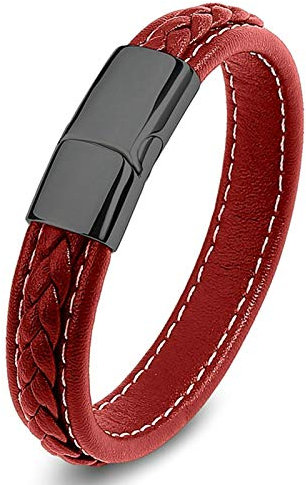 Daesar Lederarmband Magnetverschluss Herren Partnerarmband Leder Armband Charms Rot, Männer Armband Leder Geflochten 18.5CM
