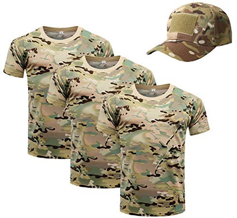 OttoBen Herren Damen Camo T Shirt & Baseballkappe 4 Teiliges Set, Atmungsaktiv Schnelltrocknend Kurzarm Rundhals Stretch Top, Outdoor Sports Laufen Trekking Angeln Jagd Shirts CP L