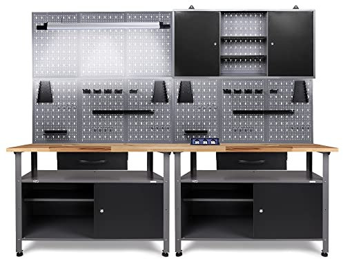 Ondis24 Werkstatt Werkstatteinrichtung 240cm Komplettset mit LED und Bluetooth Lautsprechern, inkl. versenkbare Steckdosenleiste grau Werkbank Werkzeugschrank Lochwand Buchenholzarbeitsplatte