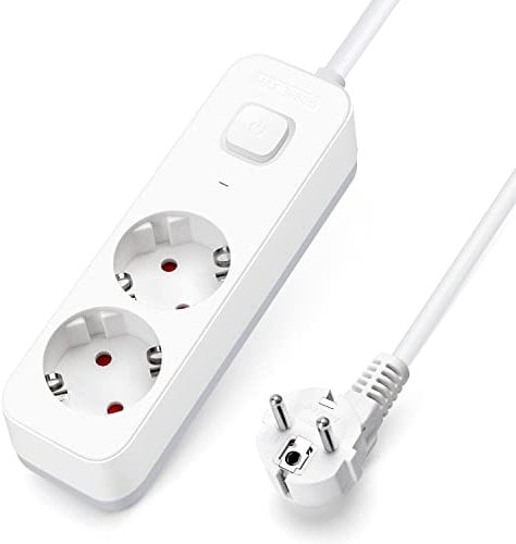 Aigostar Regleta Enchufes, Alargador Enchufe de 2 Enchufes con Interruptor, Cable de 1,5 Metros, Blanco
