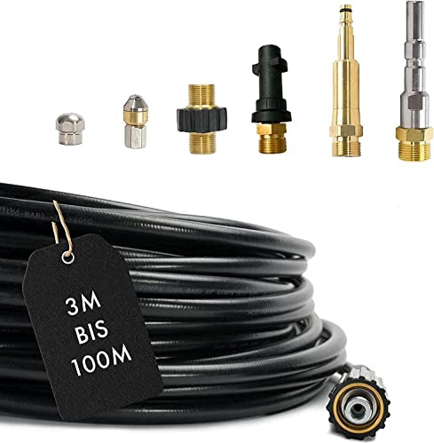 M&M Smartek Rohrreinigungsschlauch 15m, 7-Teilig für Kärcher, 160 bar | 2 rotierende Edelstahldüsen plus M22-, Bajonett-, KEW- und Quick-Connect-Adapter; robuster Knickschutz für lange Leitungen.