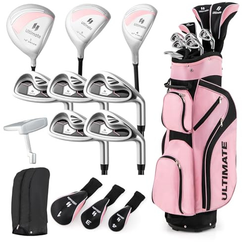 GYMAX Complete Golf Club Set for Women, 14 PCS Right Hand Golf Set with #1 Driver & #3 Fairway & #4 Hybrid & #6/#7/#8/#9/#P Irons, Putter & Head Covers, Ladies Golf Clubs Full Set (Pink)