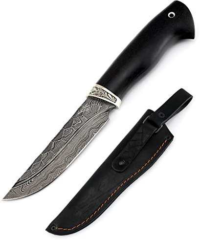 Nazarov Knives Messer Pfeil - Damastmesser feststehende klinge mit Rillen - Damast Jagdmesser mit scheide und holzgriff - schwarzer Hainbuche und Melchior
